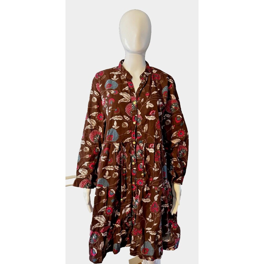 Liza Byrd Chocolate Brown Floral Print Prairie Tiered Cotton L/S Dress SZ XXL